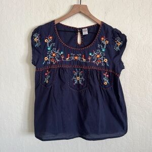 Bila 100% Cotton Floral Bird Embroidered Short Sleeve Peasant Blouse Top Large